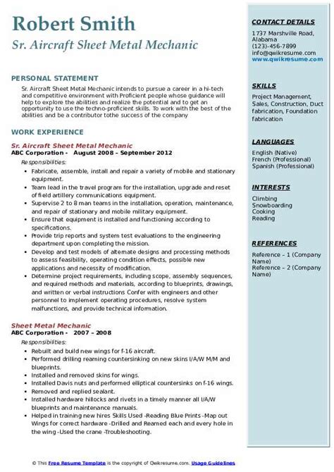 Aircraft Sheet Metal Mechanic Resume Sample & Tips 